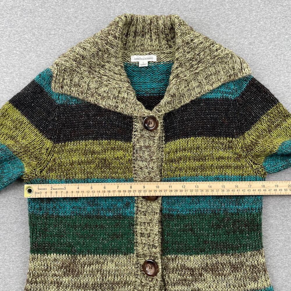 y2k JohnPaulRichard Striped Cardigan Sweater Womens L Green Button-Front Duster - Picture 6 of 16